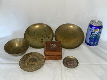 Lot Of Brass Bowls/Plates & Small Inlaid Wood Box