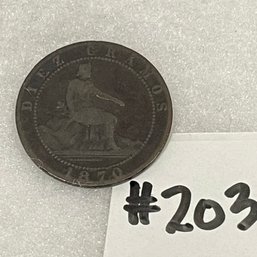 1870 Diez Gramos/Diez Centimos Antique Spain Coin