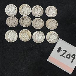 Lot Of 12 Mercury Dimes - American Silver Coins