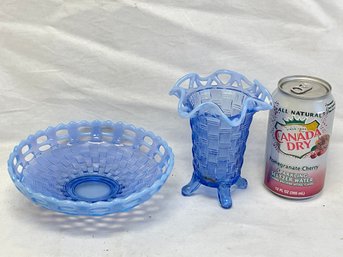Fenton Blue Opalescent Glass Basket Weave Vase & Bowl VINTAGE
