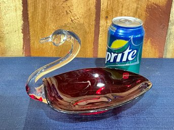 Clear & Red Art Glass Swan Bowl