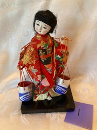 Japanese Geisha Doll Wearing A Kimono, Carrying Water - Vintage