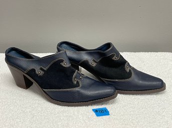 Blue Leather Western Mules Women's Shoes, Size 8 Heels