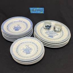 Lot Of Vintage Blue & White China Plates (14 Pieces) & 2 Cups