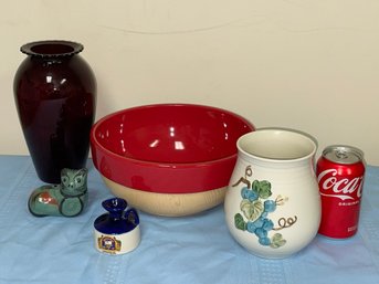 Vintage Home Decor Lot - Ruby Glass Vase, Ceramics