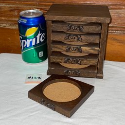 Set Of Wooden Cork Coasters In Holder - VINTAGE
