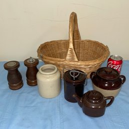 Vintage Stoneware, Wood Salt Shaker & Pepper Mill -BASKET Lot