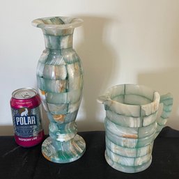 Vintage Green Onyx Marble Stone Vase & Pitcher Set