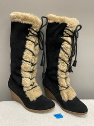 Nine West Women's Faux Fur Lace-Up Wedge Boots