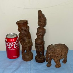 3 African Wood Carvings - Man & Woman, Elephant