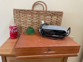 Large Basket, Clock Radio, Flatware Chest Lot
