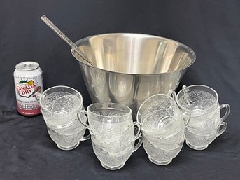 Vintage Large Stainless Steel Serving Bowl, Spoon & 12 Punch Glasses