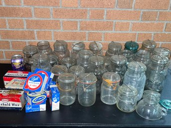 Large Lot Of Vintage Canning Jars, Rubbers, Wax, Lids & Glass Funnel