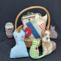 Basket Of Cute Stuffed Fabric Animals & Lighthouse Pot Holders
