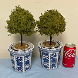 Pair Of Faux Plants In Blue & White Porcelain Pots