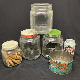Antique/Vintage Glass Kitchen Jars & Old Coffee Can