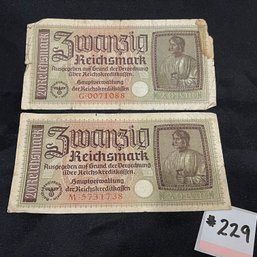 (2) 20 Marks Banknotes - NAZI Germany WWII Era Currency, Reichsmark