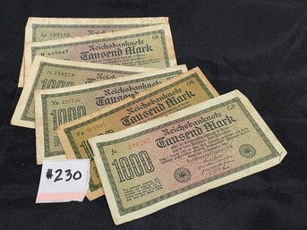 (6) 1,000 Marks Banknotes - NAZI Germany WWII Era Currency, Reichsmark
