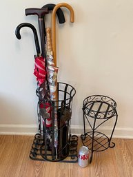 Metal Umbrella Stand (With Umbrellas And Canes) And Plant Stand