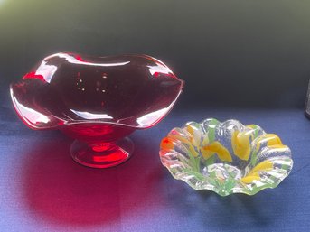 Vintage Art Glass - Red Pedestal Bowl & Sydenstricker Fused Glass