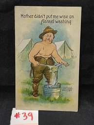 'Mother Didn't Put Me Wise On Flannel Washing' Antique Postcard - Military