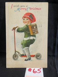 Girl On Scooter Antique Christmas Postcard CUTE