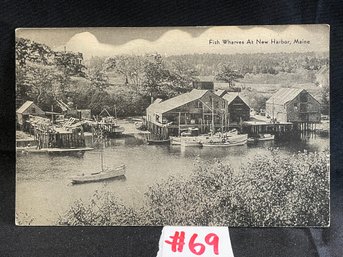 'Fish Wharves At New Harbor, Maine' Antique Postcard