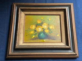 Vintage Yellow Flowers Painting On Canvas MID-CENTURY