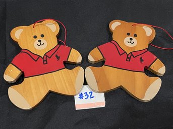 (2) Ralph Lauren Fragrances Teddy Bear Wooden Ornaments - Advertising