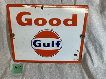 Porcelain Gas Pump Sign - GOOD GULF Vintage Oil Advertising