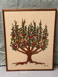 Mid-Century Crewel Apple Tree LARGE Framed Embroidery Art Piece - Mod, Retro, Vintage!