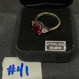 Red Stone, Sterling Silver Cubic Zirconia Ring - Size 10