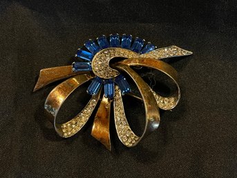 MARCEL BOUCHER Signed  Sterling Silver, Blue Rhinestone Ribbon Bow Brooch, Pin