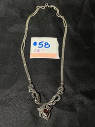 15' Necklace - Marcasite & Red Stone Pendant, Sterling Silver Chain