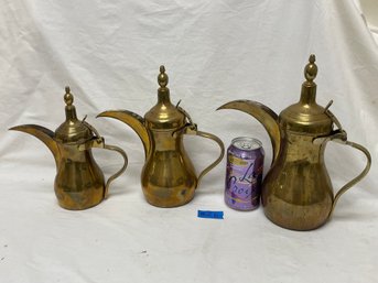 Set Of 3 Brass Dallah Traditional Arabic Coffee Pots - Made In Pakistan VINTAGE