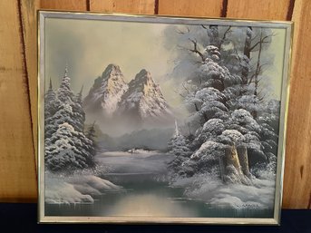 Snowy Mountain & River Scene Painting On Canvas VINTAGE Mid-Century