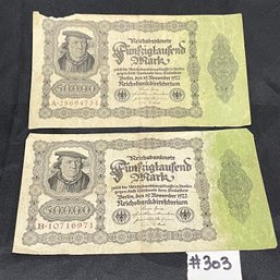 (2) 50,000 Marks Banknotes - Germany Pre-WWII Era Currency, Reichsbanknote
