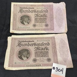 (2) 100,000 Marks Banknotes - Germany Pre-WWII Era Currency, Reichsbanknote