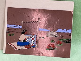 Native American Woman Weaving On Loom Copper Painted Image By Lone Wolf