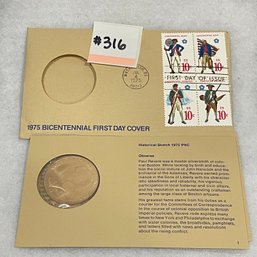 Paul Revere & Lexington/Concord Medal 1975 BICENTENNIAL FIRST DAY COVER Stamps