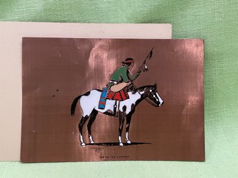 Indian Warrior Painting On Copper - Vintage Signed Lone Wolf