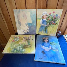 Set Of 4 Girl With Flowers & Cat Painting On Canvas