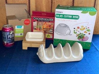 Salad Cutter Bowl, Chicken Cooker, Melamine Bowl & Bamboo Stand, Taco Holder