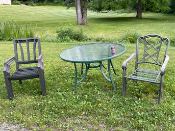 Glass Top Outdoor Table & 5 Metal Chairs