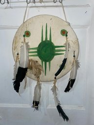 Ceremonial Apache Shield Wall Hanging - Deer Skin & Feathers