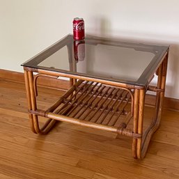 Mid-Century Smokey Glass Top Bamboo/Rattan Lamp Table With Shelf