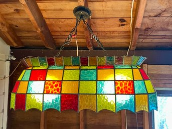 Vintage Large Leaded Stained Glass Hanging Light Fixture - Pool Table, Bar, Kitchen