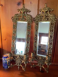 Pair Of Antique Brass Wall Mount Mirrors With Candle Holders - VERY NICE!
