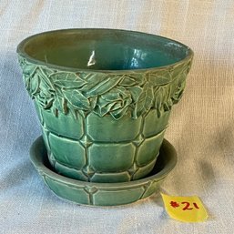 Green McCoy Pottery Flower Pot With Attached Saucer VINTAGE