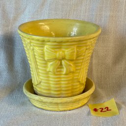 Yellow Basketweave Flower Pot With Attached Saucer VINTAGE Shawnee (?) Pottery